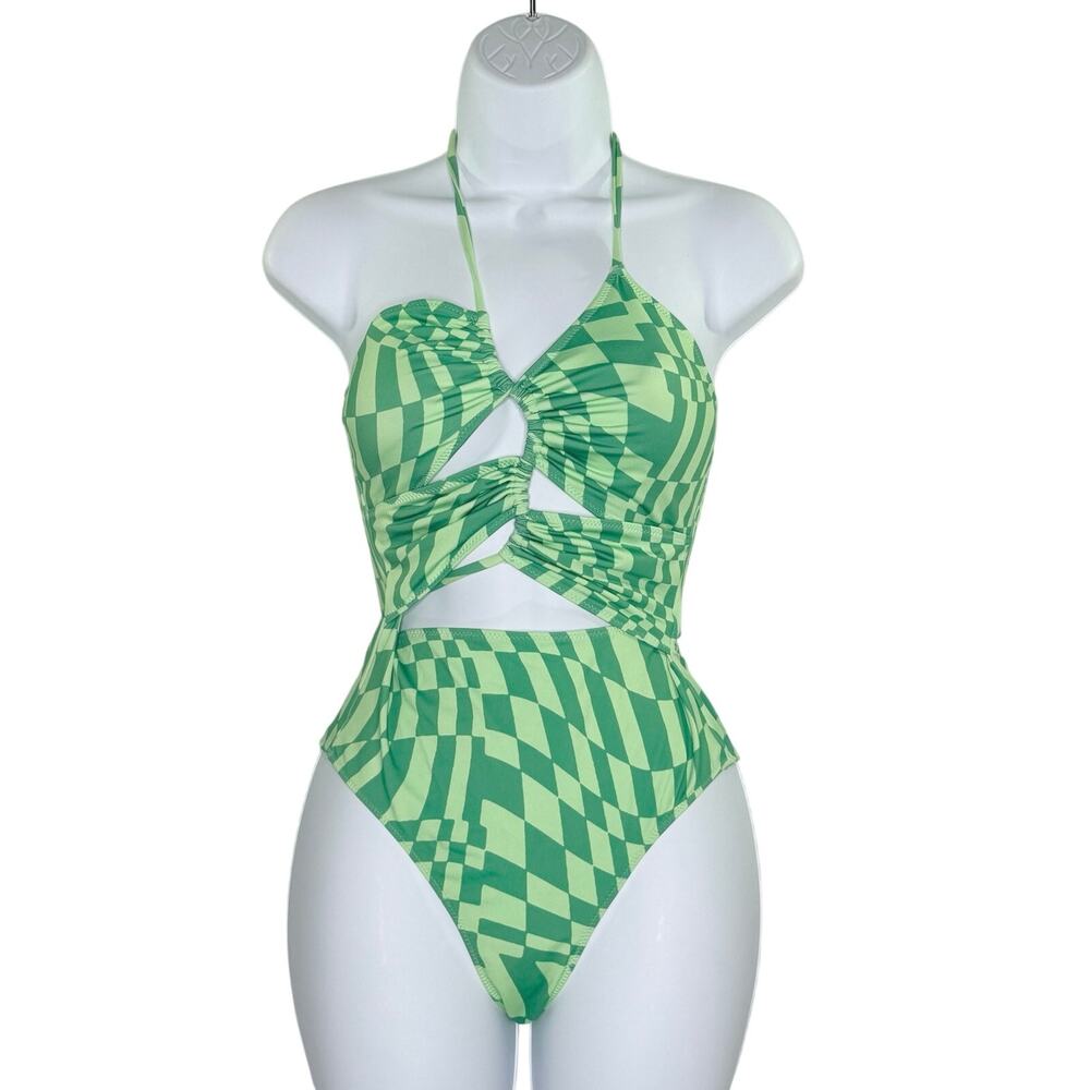 Zara Bright Green Cutout Checkerboard One Piece Swimsuit S 90s Retro